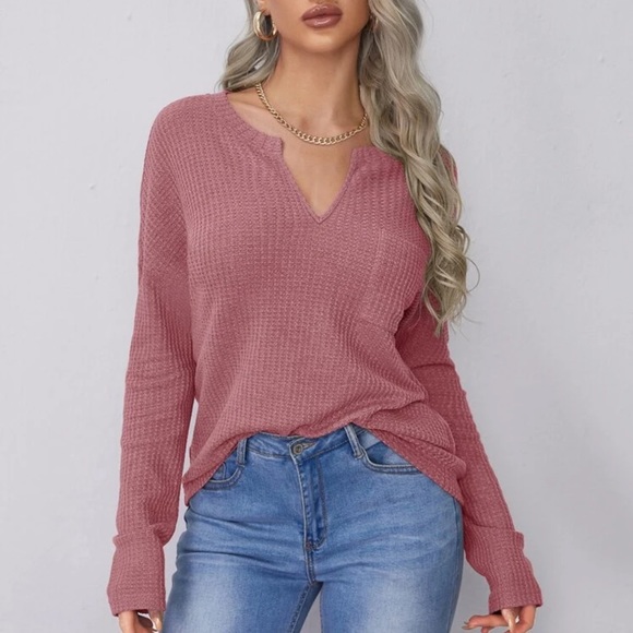 V neck waffle knit long sleeve tee shirt brown - Picture 8 of 14